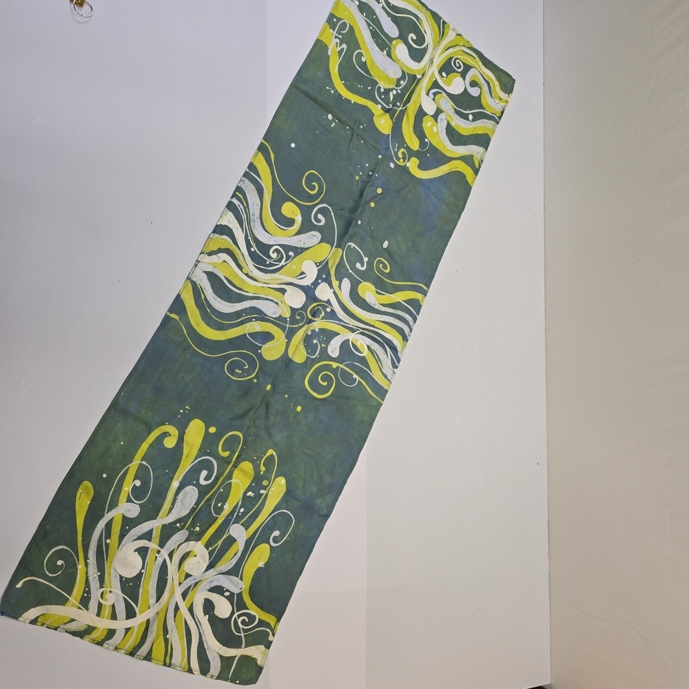 Hand Painted Batik Silk Scarf Teal Green Yellow Abstract Swirl Art to Wear Long